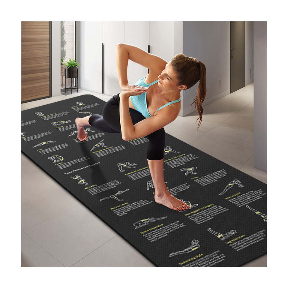 Instructional Yoga Mat with Poses Printed Muscle Power On It - 24 Yoga Poses & 21 Stretches -Non Slip TPE eco Workout Mat